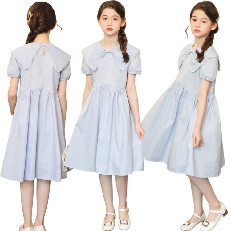 水色 ワンピース 無地 子供服 100 女の子 半袖 ワンピース 夏服 韓国 ブルー 膝丈 子供服 かわいい 韓国 女児 サマー 海辺 旅行 カジュアル 普段着 通学 青