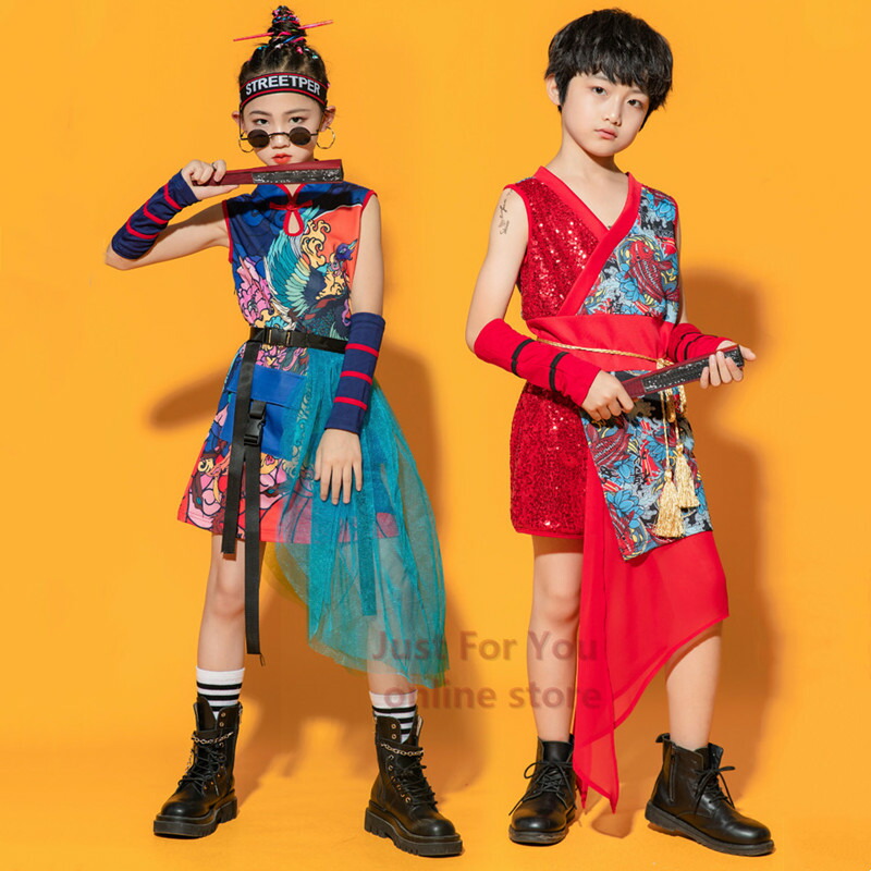 青味 赤 キッズダンス御召しもの セットアップ 瀬戸もの風 うしろ帯 御坊っちゃん ノースリーブ 男女兼用 社交ダンス御召しもの キッズ hiphop 上下 社交ダンス 御召しもの 表どおり 今めかしい