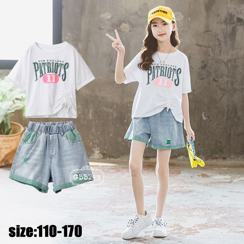 韓国子供服 セットアップ 女の子 半袖 夏 tシャツ ショートパンツ デニムパンツ デニム ジーンズ プリント カジュアル ナチュラル 上下セット リゾート キッズ こども 可愛い きれいめ //卒園式/入学式 110 120 130 140 150 160 170
