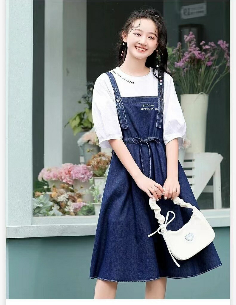 キッズ 赤ちゃん服 上下仕掛ける セットアップ プルオーバー+前掛けスコート 2点仕掛ける 春夏 ジーンズ衣装 ジャンスカ 前掛けスコート サロペットスカート 今めかしい衣装 サロペットワンピース 心地好い うしろ帯 ゆったり 好いたらしい 半袖 薄っぺら KSFC054(2色140-170）
