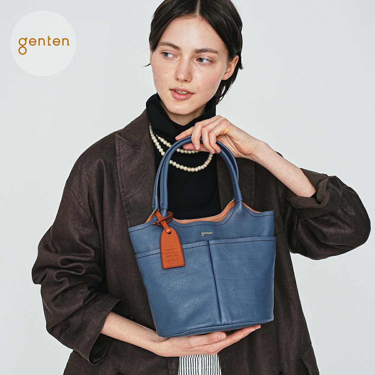 【遺伝因子拾堅苦しさ】genten 44093 (42065) 遺伝因子拾 タスカ 井戸釣瓶型トート 新色 レトロブルー★本革トートバッグ レディース トートバッグ パウダーコンパクト 肩がけ 井戸釣瓶御徒面子 バッファローレザー