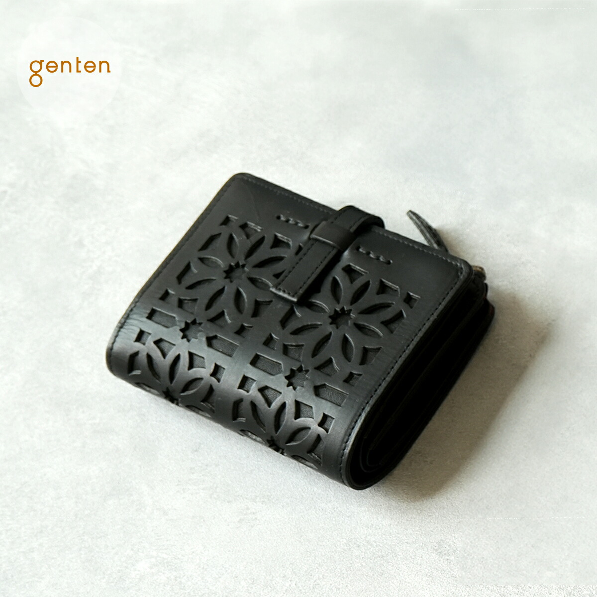 【ゲンテン公式】 genten 44255 ゲンテン カットワーク 二つ折り財布 新色 黒 ブラック 【直営店・WEB限定】本革財布 二つ折り 財布 レディース L字ファスナー イタリアンレザー
