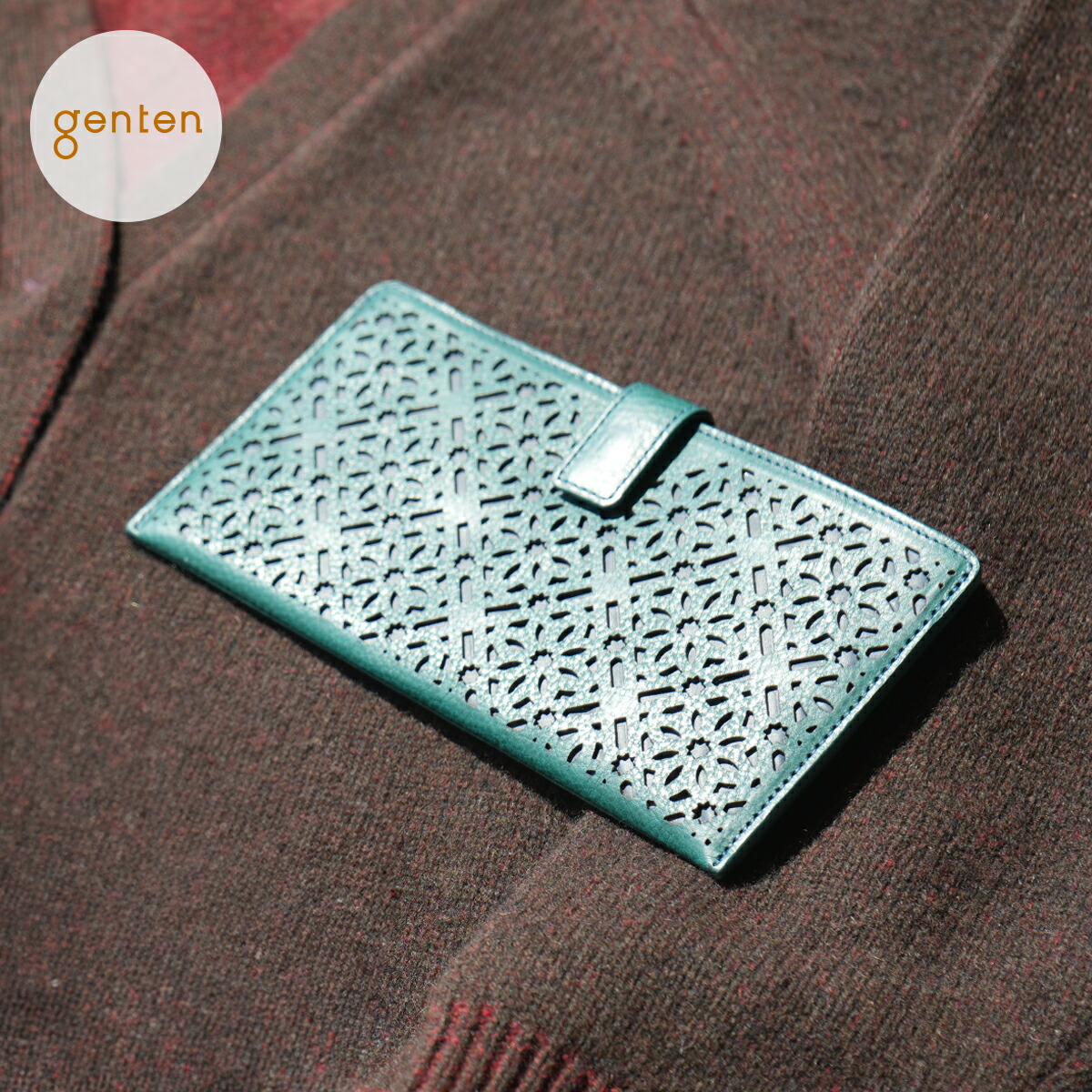 【ゲンテン公式】genten 43986 ゲンテン ダイヤカットワーク マチなし長財布 新色 ブルーグリーン★本革財布 レディース 長財布 イタリアンレザー