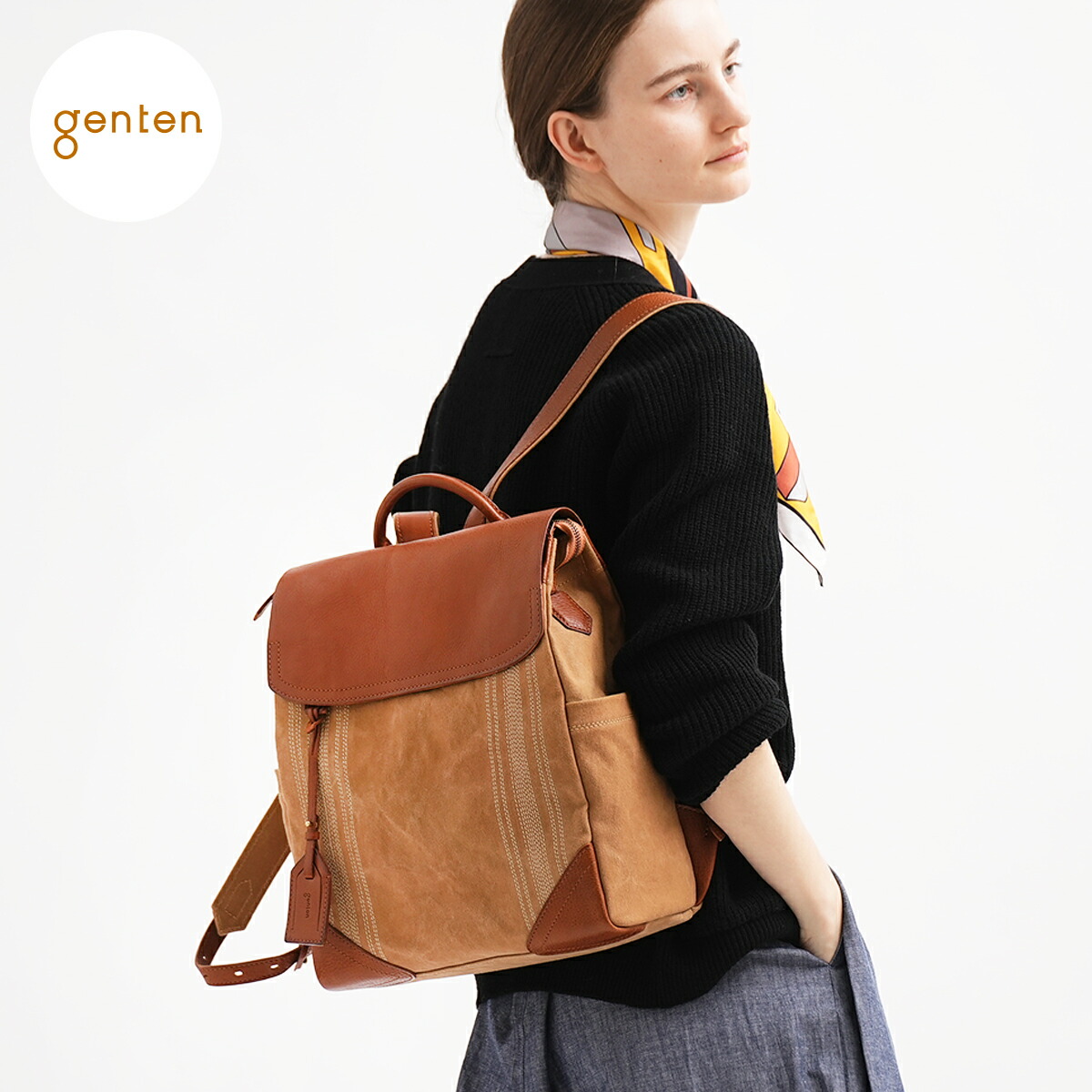 【ゲンテン公式】 genten 43785 (44070・42251) ゲンテン ミモザ・ベーシック リュック 本革x帆布リュック キャンバスコンビ バッグ レザー