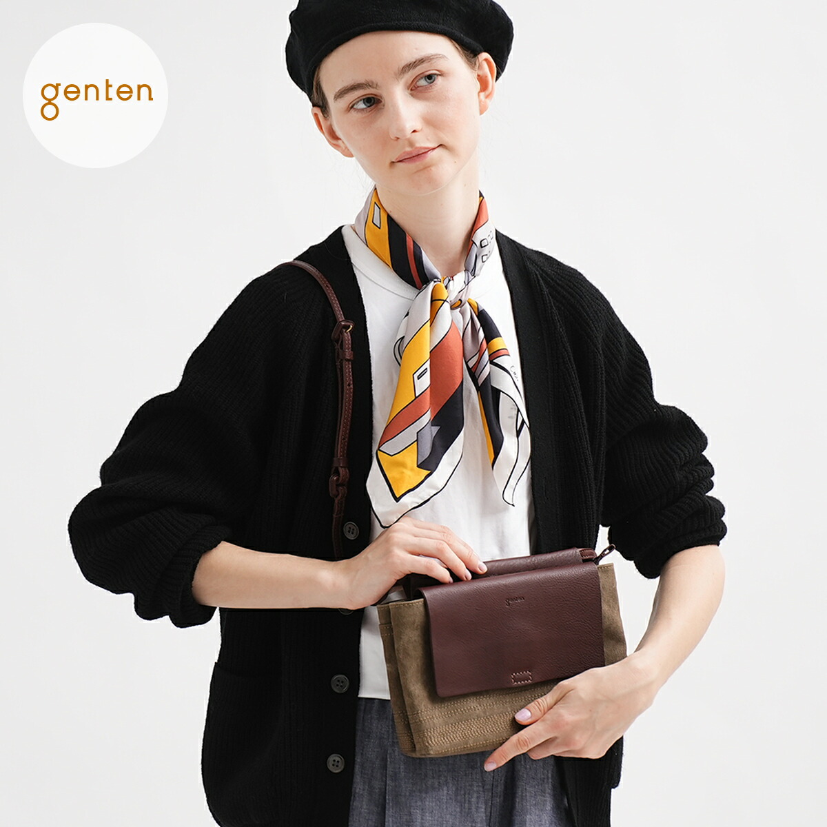 【ゲンテン公式】 genten 43786 (44073・42255) ゲンテン ミモザ・ベーシック ミニショルダーバッグ 小さめバッグ 本革x帆布 キャンバスコンビ ショルダーバッグ 2個持ち コンパクト レザー