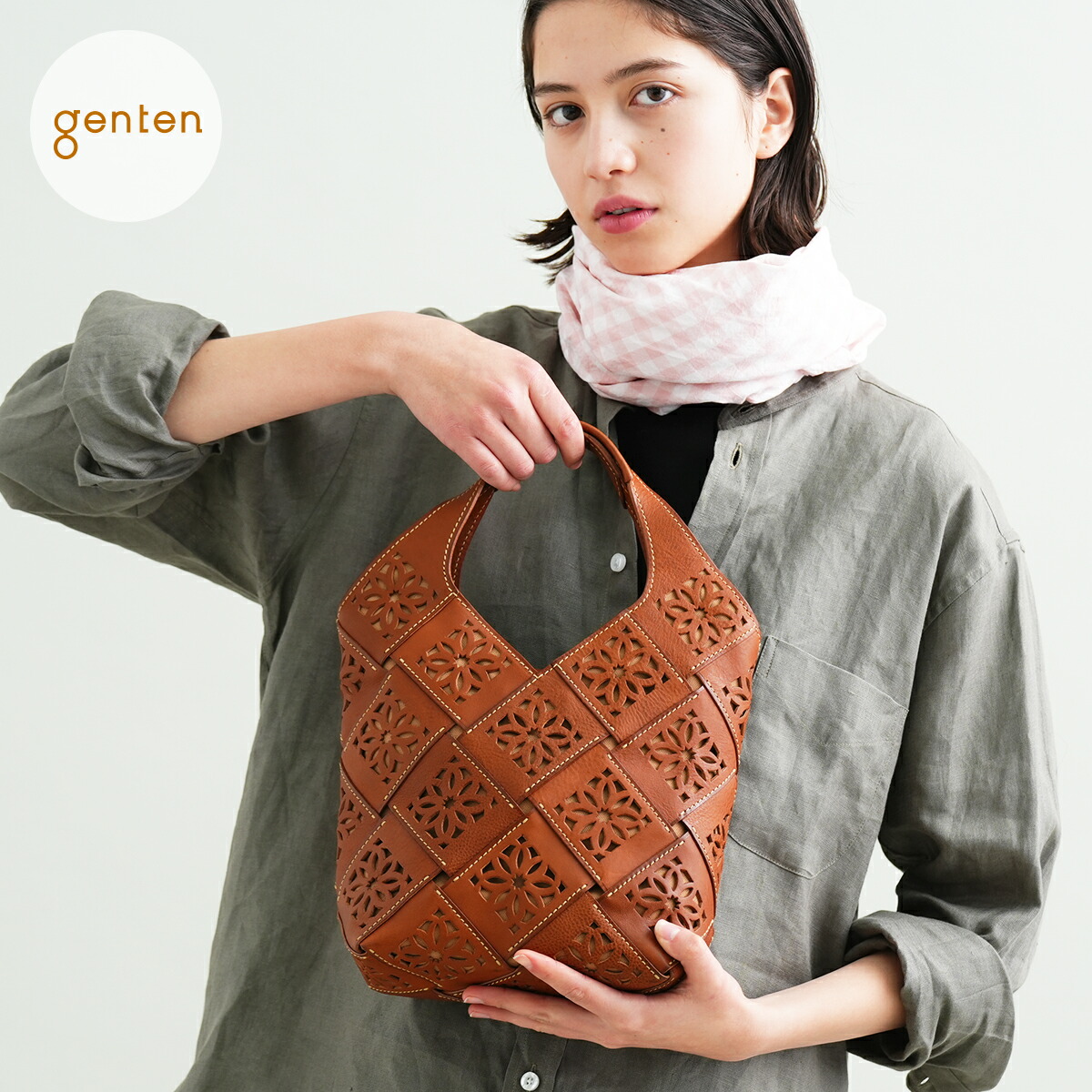 【遺伝因子拾堅苦しさ】 genten 44051 (42961) ゲンテンサステナブルカットワーク トートバッグ 中 本革御徒面子 レディース トートバッグ 成年者 撥ねのける細工物 御徒面子 イタリアンなめし革