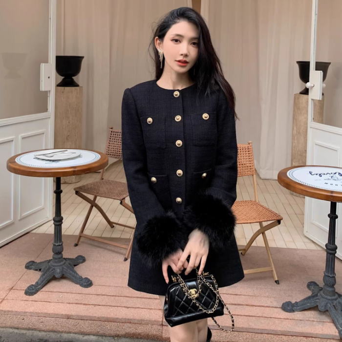 【百貨店SALE】服 好いたらしい 好いたらしいめ 雅びやか 黒 黒いこと ミニ 太陽フレア 上衣 長袖 金名取り草 毛革 ツィード 否色つや スコート レディース