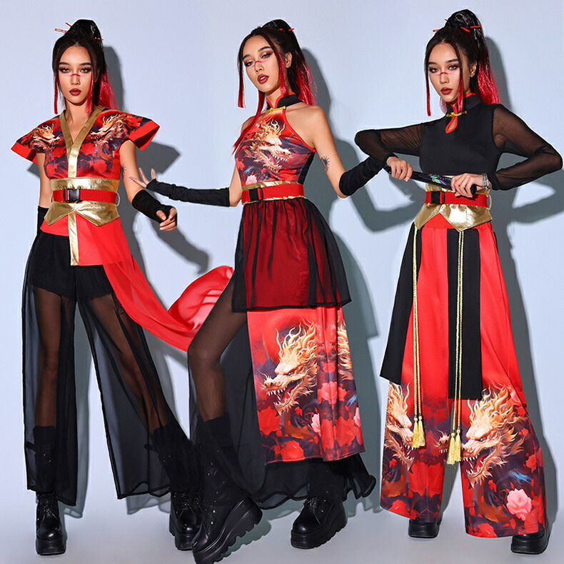 レディース ダンス衣装 セットアップ 黒 赤 金 チャイナ風 龍柄 ジャズダンス レディース 大人 演出服 派手 おしゃれ 女子グループ 社交ダンス 中華風 DSダンス ステージ衣装 クラブ バー ヒップホップ イベント 発表会 練習服 S M L XL