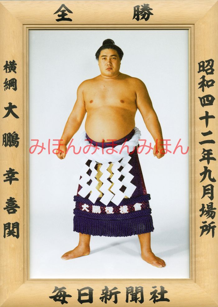 大鵬幸喜関　優勝ミニ額 大相撲ミニ額 大相撲優勝額　昭和４２年９月場所 全勝 横綱 大鵬幸喜関（２６回目の優勝）優勝記念品 相撲グッズ 力士グッズ 相撲取りグッズ 国技館 限定品 記念品 コレクション 写真 S4209
