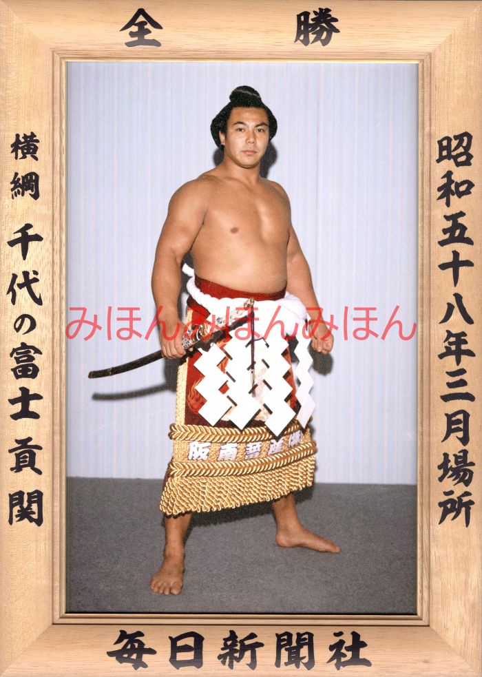 千代の富士貢関　優勝ミニ額 大相撲ミニ額 大相撲優勝額　昭和５８年３月場所 全勝 横綱 千代の富士貢関（８回目の優勝）優勝記念品 相撲グッズ 力士グッズ 相撲取りグッズ 国技館 限定品 記念品 コレクション 写真 S5803