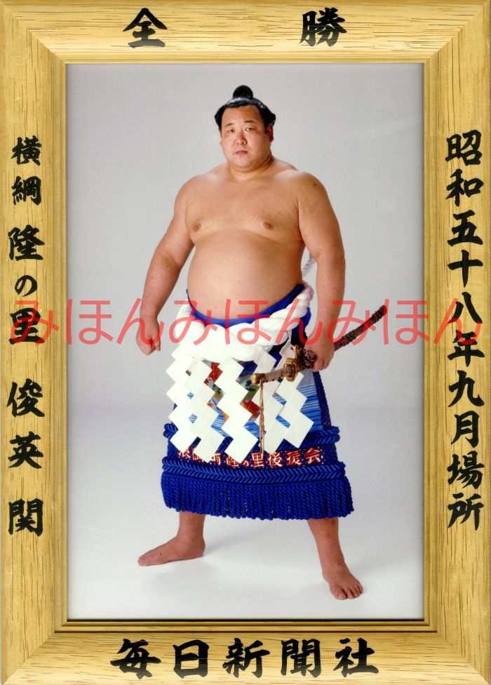 隆の里俊英関　優勝ミニ額 大相撲ミニ額 大相撲優勝額　昭和５８年９月場所 全勝 横綱 隆の里俊英関（３回目の優勝）優勝記念品 相撲グッズ 力士グッズ 相撲取りグッズ 国技館 限定品 記念品 コレクション 写真 S5809