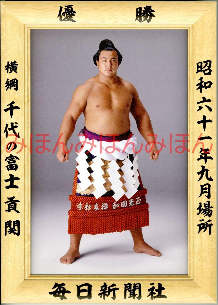 千代の富士貢関　優勝ミニ額 大相撲ミニ額 大相撲優勝額　昭和６１年９月場所 優勝 横綱 千代の富士貢関（１８回目の優勝）優勝記念品 相撲グッズ 力士グッズ 相撲取りグッズ 国技館 限定品 記念品 コレクション 写真 S6109