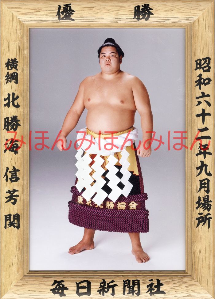 北勝海信芳関　優勝ミニ額 大相撲ミニ額 大相撲優勝額　昭和６２年９月場所 優勝 横綱 北勝海信芳関（３回目の優勝）優勝記念品 相撲グッズ 力士グッズ 相撲取りグッズ 国技館 限定品 記念品 コレクション 写真 S6209