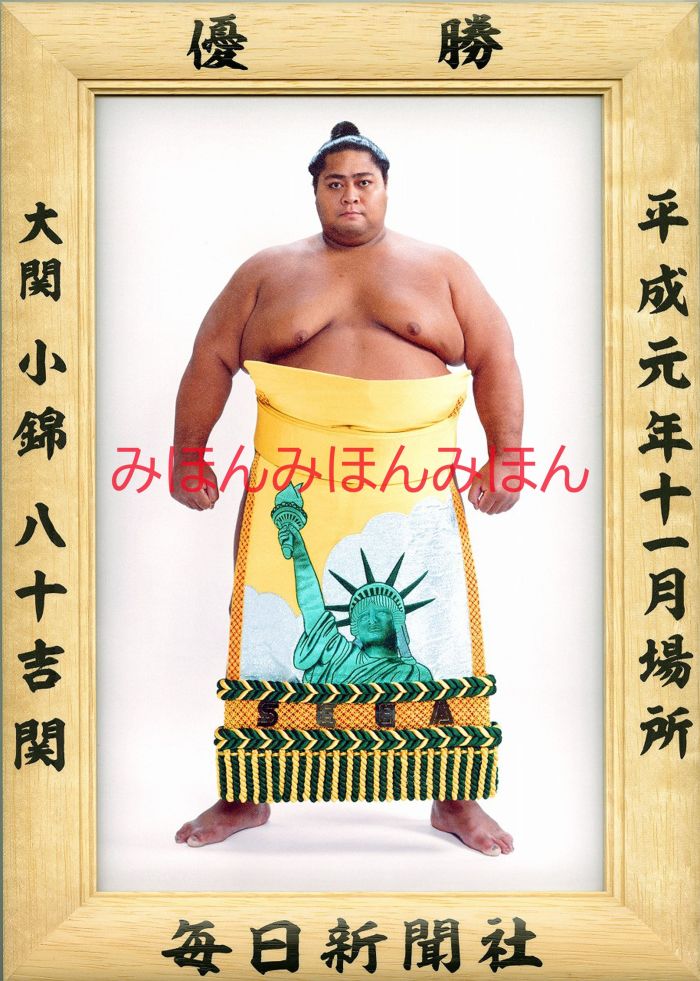 小錦八十吉関　優勝ミニ額 大相撲ミニ額 大相撲優勝額　平成元年１１月場所 優勝 大関 小錦八十吉関（初優勝）優勝記念品 相撲グッズ 力士グッズ 相撲取りグッズ 国技館 限定品 記念品 コレクション 写真 H0111