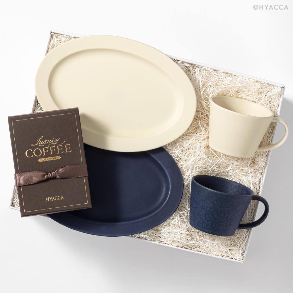 【最大1000円OFFクーポン】HYACCA限定ギフトボックス サクザン マグカップ CAFE TIME BOX/ネイビー＆ホワイト ［作山窯×HYACCA］ 結婚祝い 新築祝い 新居祝い ペア プレゼント 食器セット ハイセンス 皿 美濃焼 10,222円