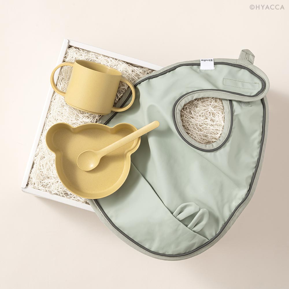 BIB＆TABLE WARE BOX / tak. / ブルー＆イエロー ［タック×エロディ×HYACCA］bio Elodie ベビー食器 離乳食 食器セット フードウェア 日本製 食事用 エプロン スタイ 無地 ベビー 贈り物 ギフトセット グリーン イエローのご紹介