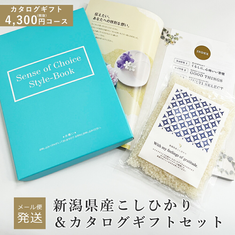 【メール便】新潟県産こしひかり ＆ カタログギフト セット 奏（朝凪）4,300円コース カタログ コシヒカリ お米ギフト 米 内祝い 内祝 お祝い 結婚祝い 結婚内祝 出産内祝 新築内祝 誕生日 プレゼント 香典返し ギフト 【消費税10％】