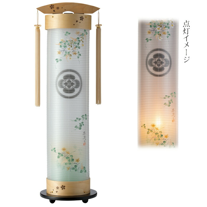 ホワイトバーチ ７号 伸縮提燈＜ナデシコ＞墨付き絵二重張り（一個）「象嵌(ぞうがん)」捏ち上げるの盆提燈飾りつけ手・房付(10017T）