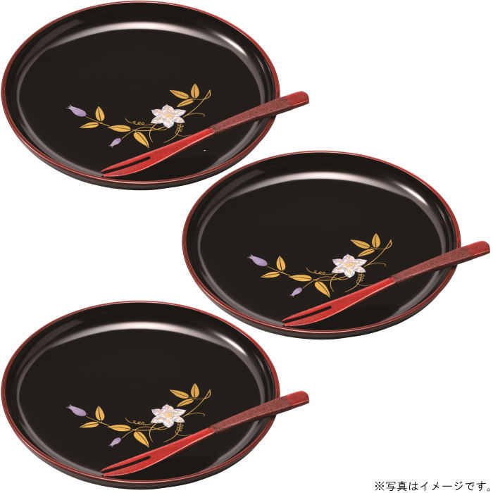 5.0ケーキ皿 黒　鉄仙　3枚入　フォーク3本付（箱無し） ＡＢＳ樹脂 （27-33-10B） 【送料込み価格】