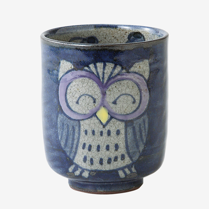 【選べる個数（1～10個）】手描ふくろう　湯呑　（青・大)　(325ml）(83972）【送料込み価格】｜ギフトギャラリー石橋
