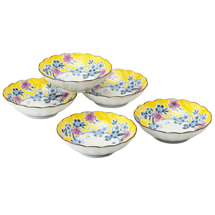 【選べる箱数（1～10箱）】黄彩錦桜 菊型浅鉢揃（５枚入）(PRICE GIFT-31187）【貨物輸送無料】