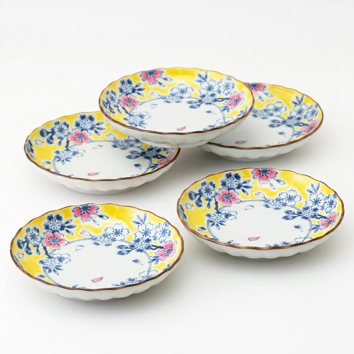 【選べる箱数（1～10箱）】黄彩錦桜 菊型和皿揃（５枚入）(PRICE GIFT-31195）【貨物輸送無料】