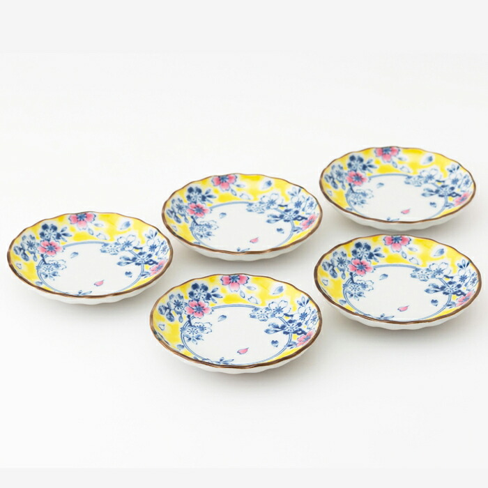 【選べる箱数（1～10箱）】黄彩錦桜 菊型小皿揃（５枚入）(PRICE GIFT-31196）【貨物輸送無料】