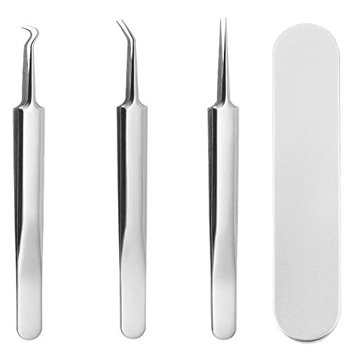 精密ピンセット にきび入れ アングルボルト ステンレスピンセット 極細ピンセット 美容ツール 毛抜き にきびを取る 黒ずみを取る 毛穴ケア ステンレス鋼 鋭い ポータブル 収納箱 3点セット画像