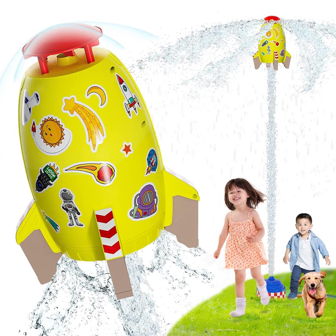 OBEST スプリンクラー ロケットのおもちゃ 屋外水遊び 夏 噴水のおもちゃ 親子のふれあい 水圧制御高さ ホース、シール、台座付き 夏祭り 6歳以上 男の子 女の子 黄色 イエロー プレゼント画像