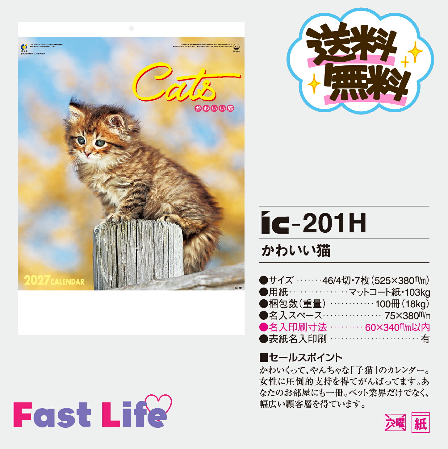 【送料無料】2027カレンダー【名入代・データ作成料・送料・版代込み】ic201H かわいい猫|ファーストライフ