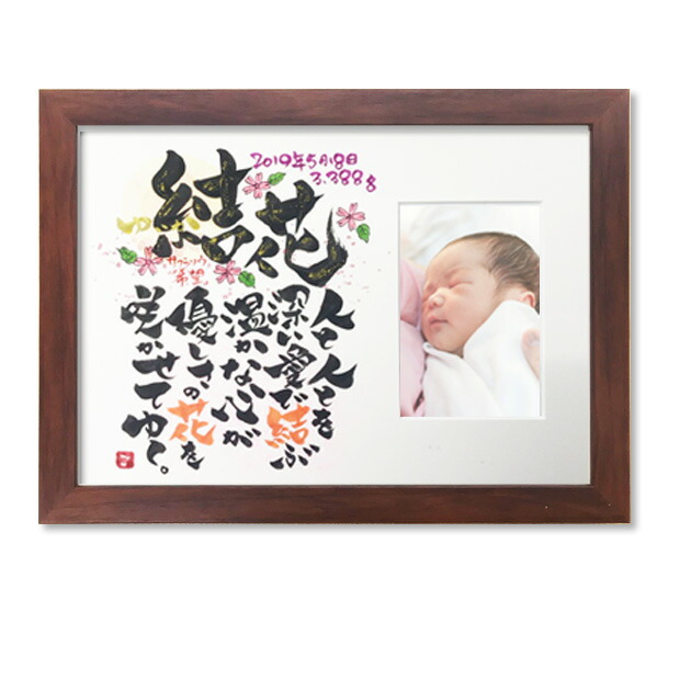 楽天市場 送料無料 フォトフレーム付き 手書き命名書 名入れ ネイムーン ブラウン 写真立て 名前 フレーム 額 赤ちゃん 新生児 兄弟 姉妹 男の子 女の子 玄関 インテリア 記念品 メモリアル プレゼント 楽ギフ 包装選択 楽ギフ 名入れ ギフトショップ