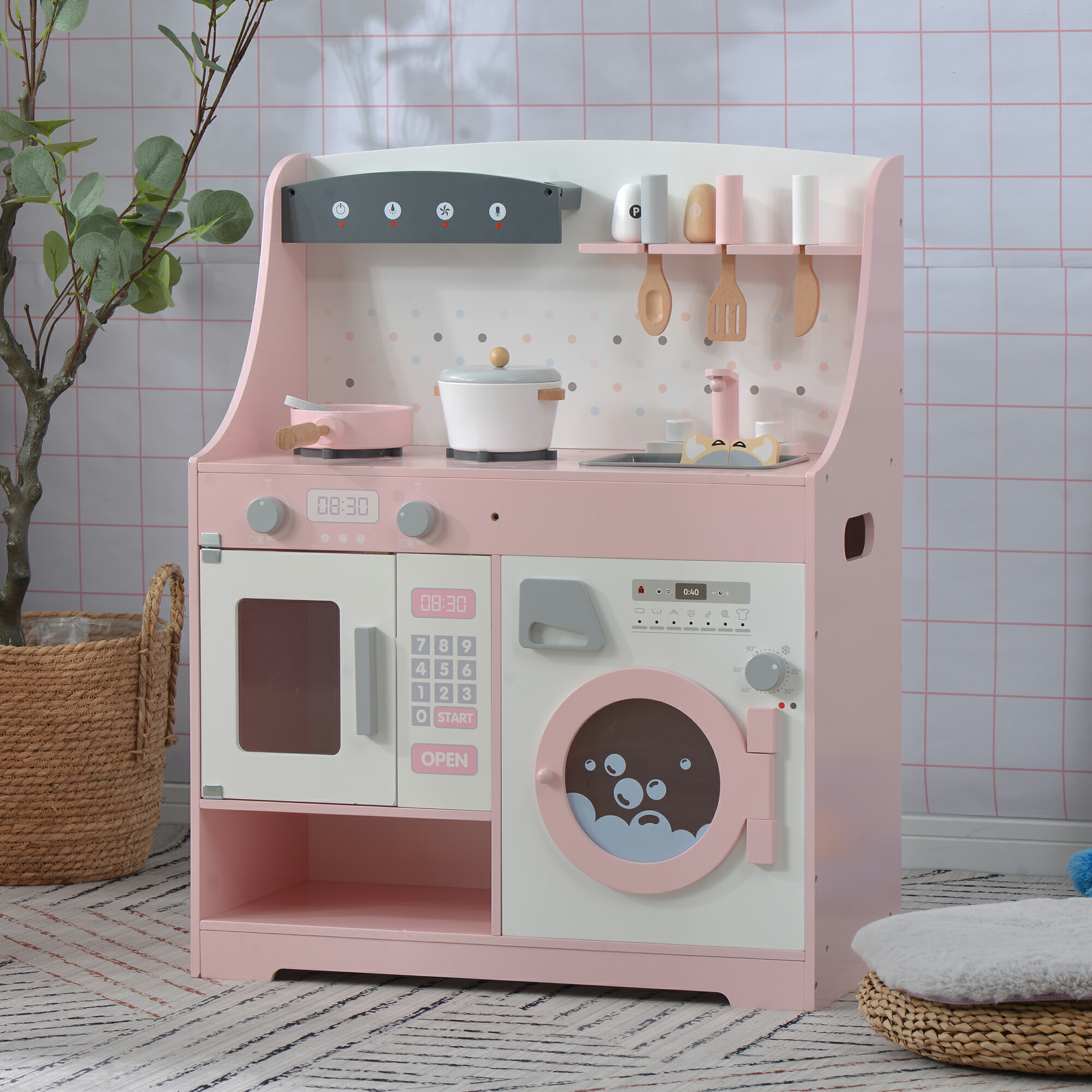 おままごとキッチン木製台所調理器具付き調味料食材知育玩具洗濯機コンロミニキッチンおもちゃキッチンギフトボックス付き