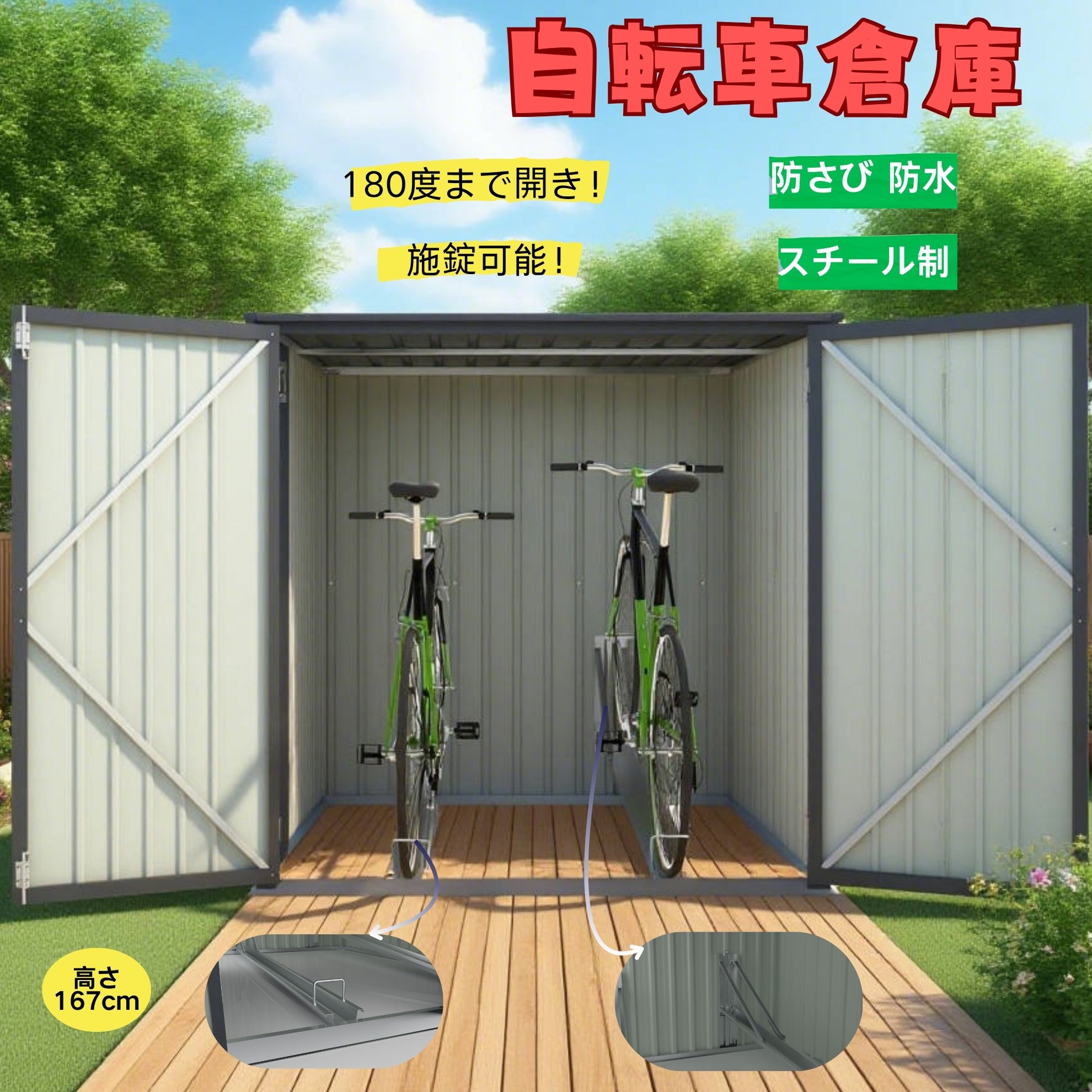 【全品P5!!7/26まで】自転車倉庫 2台収納可 高さ167cm スチール製 防錆防水 施錠可能 スタンド搭載 屋外物置 大型収納庫 庭/ガレージ/戸外対応 ガーデニング収納|GIGA家電専門店