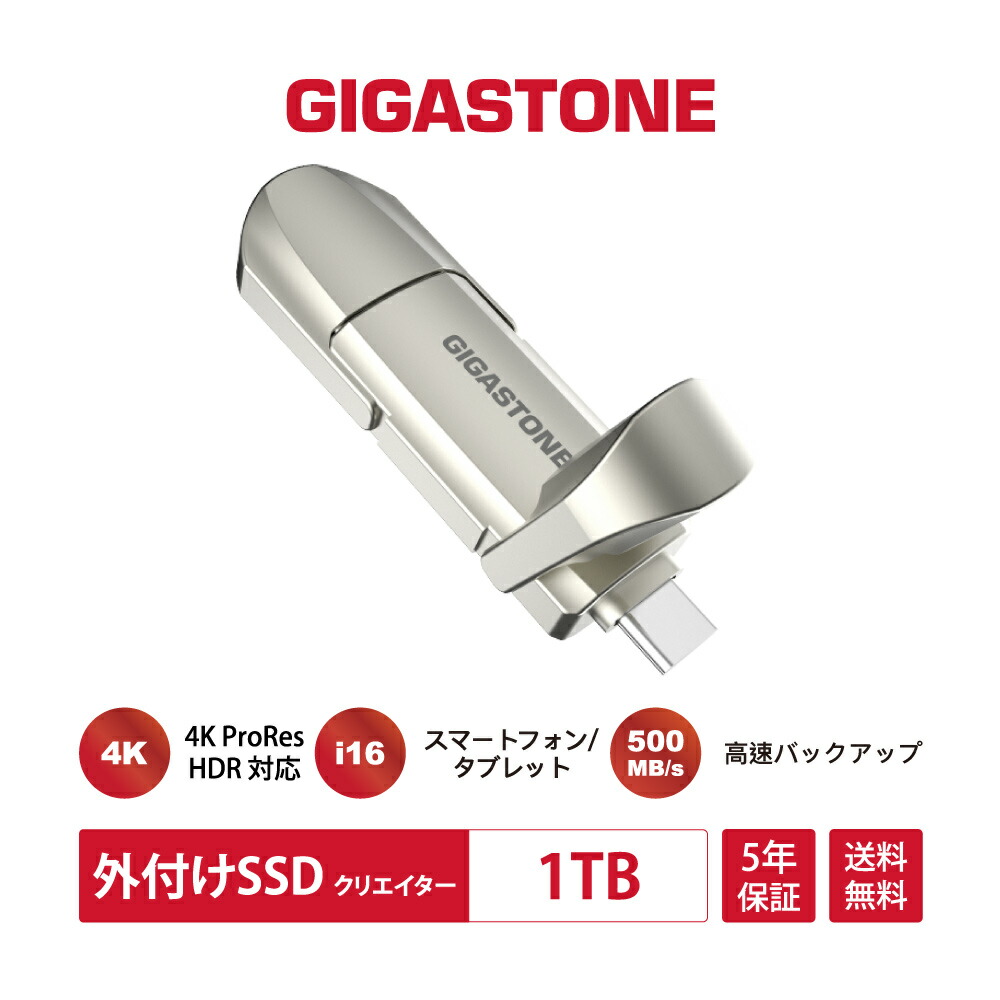 数量限定【保証5年】【ProRes/iPhone16対応】GIGASTONE 外付けSSD 1TB USB3.2 Gen2 最大500MB/s Apple 4K ProRes HDR録画対応 高速ポータブルSSD 超小型・軽量 USB-C & USB-A搭載 MacBook / iPad / スマホ / ノートPC対応 ゲーム・動画編集・写真保存・データバックアップ画像