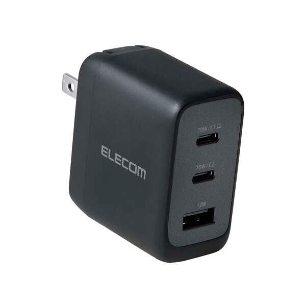 エレコム ノートPC用 ACアダプター 70W C×2+A×1 AC充電器 USB充電器 AdjustCharge搭載 USB Power Delivery Type-C×2 USB-A ブラック ACDC-PD12770BK