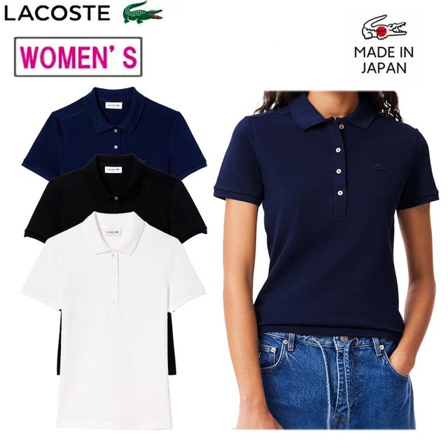 【新品未使用】ラコステ　レディース　36　ピケ　 ポロ　半袖　ネイビー　日本製 ラコステ LACOSTE コットン100% ピケ ポロシャツ（半袖