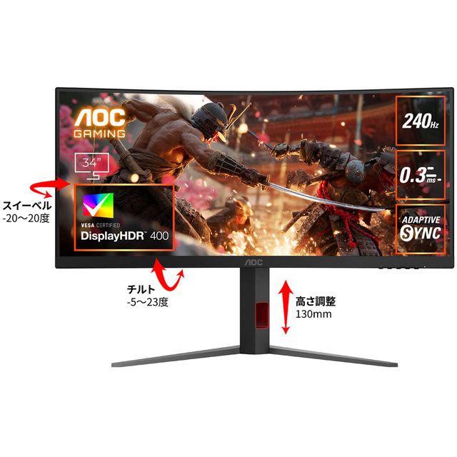 AOC VAパネル採用 UWQHD対応34型液晶ディスプレイ ゲーミング 湾曲 240Hz CU34G4Z/11 単品購入のみ可（同一商品であれば複数購入可） クレジットカード決済 代金引換決済のみ