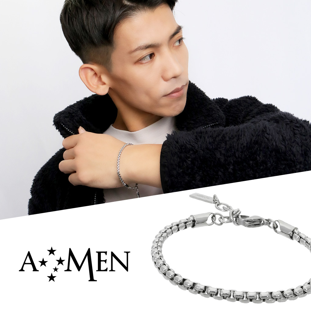 AMEN アメン 甲丸ベネチアン サージカルステンレス ブレスレット 18～21cm ブランド ステンレス 大きいサイズ ベネチアン ボックス チェーン 鎖 シンプル メンズ 男性 彼氏 メンズブレスレット ベネチアンブレスレット 腕輪 記念日 誕生日 プレゼント 人気 おしゃれ