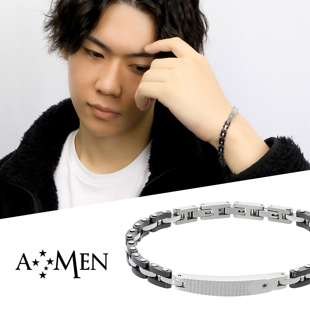 AMEN アメン ブラックダイヤモンド プレート ブラック ジョイント サージカルステンレス ブレスレット 19.5～22cm ブランド ステンレス 大きいサイズ シンプル 黒 モノトーン シック ジルコニア メンズ 男性 彼氏 メンズブレスレット 腕輪 記念日 誕生日 プレゼント