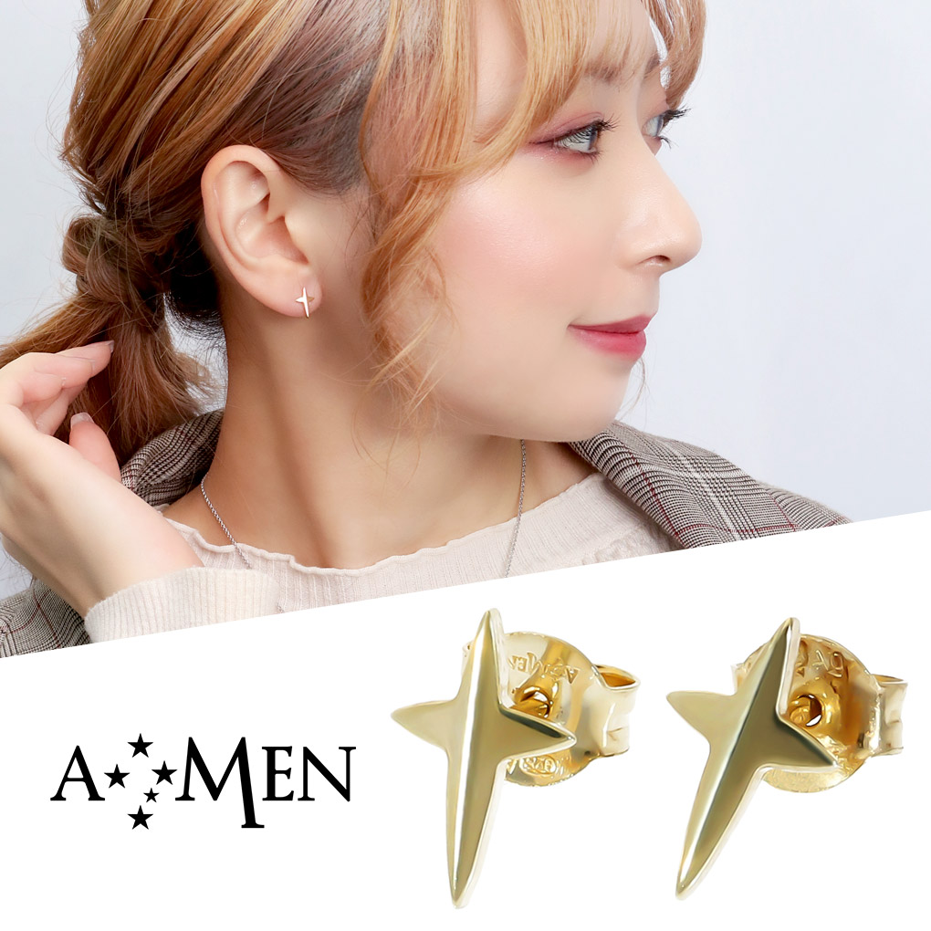 AMEN アメン ゴールド シャイニー クロス シルバー ピアス 2P 両耳用 ブランド 光 十字架 金色 ゴールドカラー シンプル キラキラ きれいめ スタッドピアス シルバー925 レディース 女性 彼女 レディースピアス シルバーピアス 記念日 誕生日 プレゼント 人気 おしゃれ