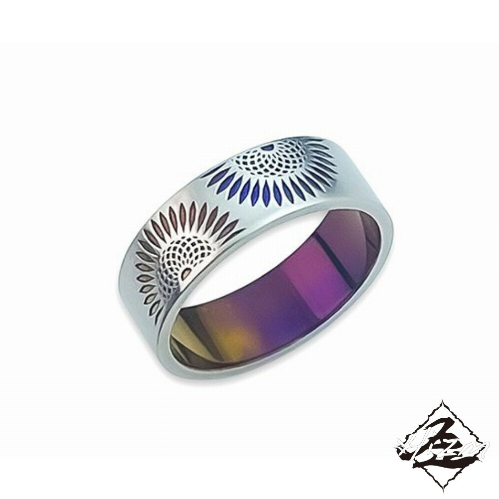 Hizm 空色向日葵リング 7mm 幅 黄昏 橙×紫 純チタン製 チタンアクセサリー リング 指輪 金属アレルギー アレルギーフリー 上品 きれいめ きれい 綺麗 メンズ レディース 男性 女性 彼氏 彼女 記念日 誕生日 プレゼント おすすめ ブランド