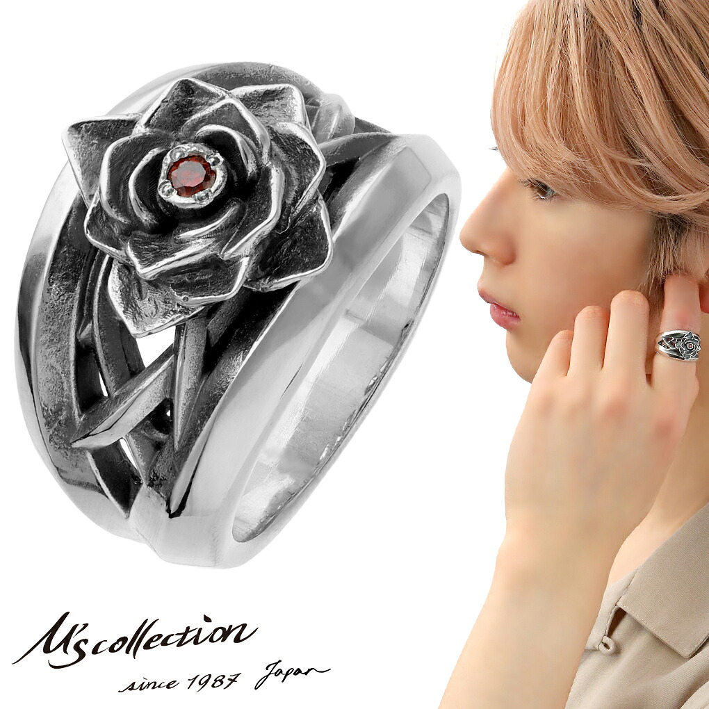 M's collection エムズコレクション ローズ リング 指輪 9～27号 シルバー 925 薔薇 バラ 花 レッド ジルコニア 赤 シルバーリング メンズ レディース 男性 女性 彼氏 彼女 ユニセックス ロック ゴシック FORTIS ROSA RING 誕生日 記念日 プレゼント 人気 おしゃれ