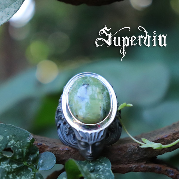 Superbia “エンジェルダスト”リング グリーンオパール 13号～27号 Rococo シルバーリング シルバー925 メンズ スペルヴィア スペルビア ブランド ロココ美術 バロック グロテスク アンティーク ジュエリー ダーク 退廃 耽美 彫刻 造形 アート 緻密 記念日 誕生日