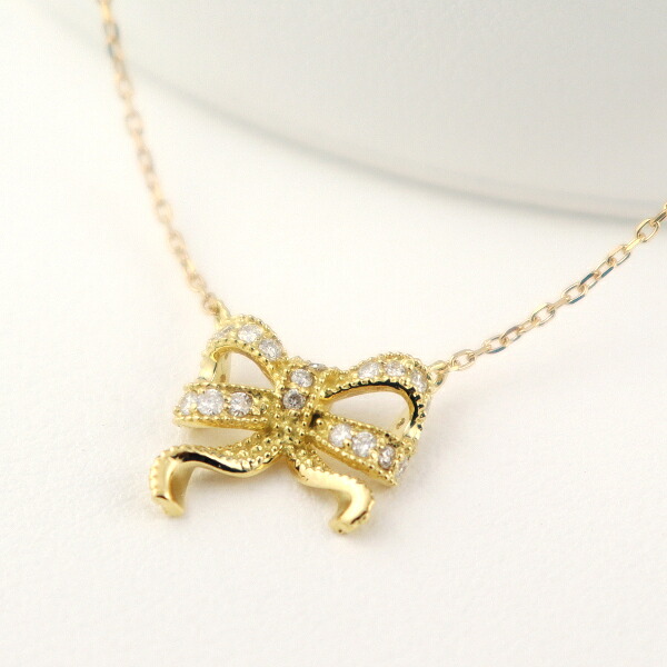 K18 ダイヤモンド アンティーク リボン ネックレス 18金 18k ゴールド 華奢 繊細 ミル打ち 上品 かわいい クラシック 普段使い アクセサリー ペンダント レディース 女性 ギフト 記念日 誕生日 プレゼント おしゃれ 彼女|新宿 銀の蔵 シルバーアクセサリー