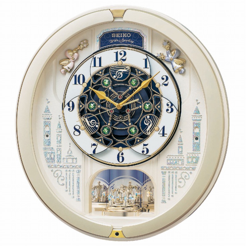 【最大2000円OFFクーポン 26日(日)01：59迄】SEIKO CLOCK セイコー クロック RE579S 電波掛け時計 電波 アナログ からくり トリプルセレクション メロディ 回転飾り 薄金色 パール ウェーブシンフォニー 電波時計 電波掛時計 壁掛時計｜銀座雑貨