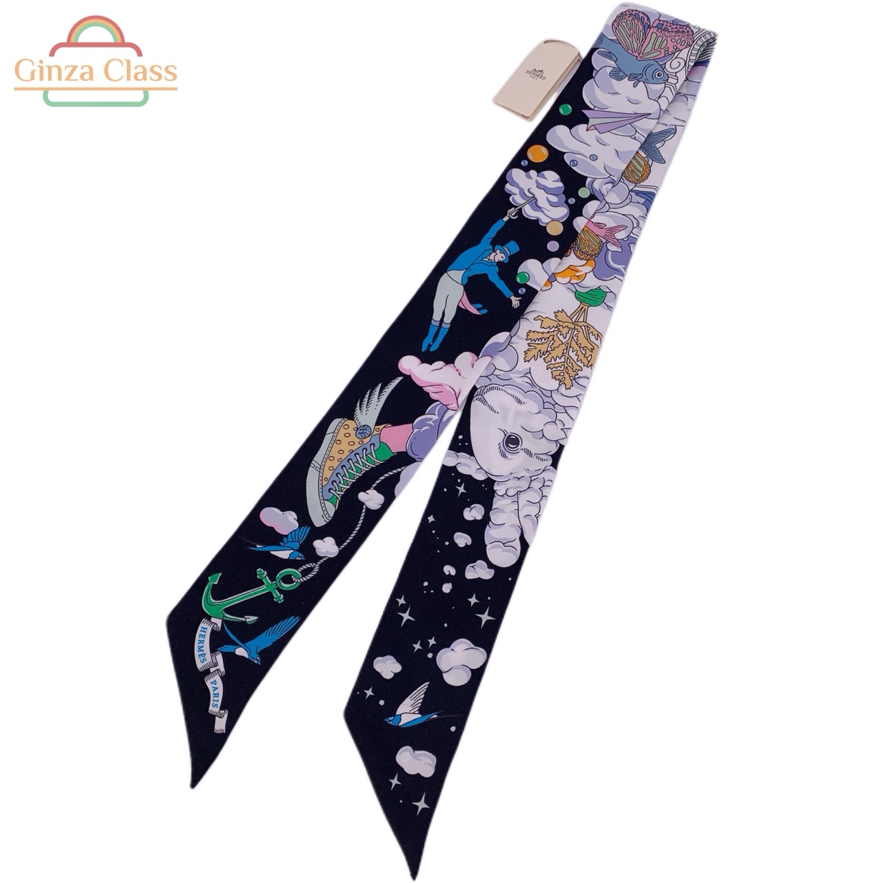 【新品未使用】HERMES エルメス ツイリー「私の雲」SUR MON NUAGE シルク100% ブルー/ノワール/モーヴ マルチカラー スカーフ 送料無料 ginzaclass