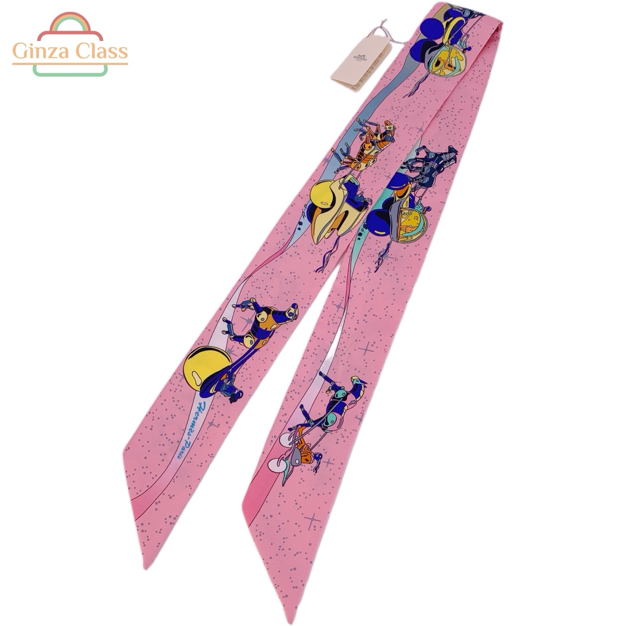 【新品未使用】HERMES エルメス ツイリー「スペースダービー」SPACE DERBY シルク100% ローズ/ジョーヌ/ブルー マルチカラー スカーフ バッグ小物 送料無料 ginzaclass