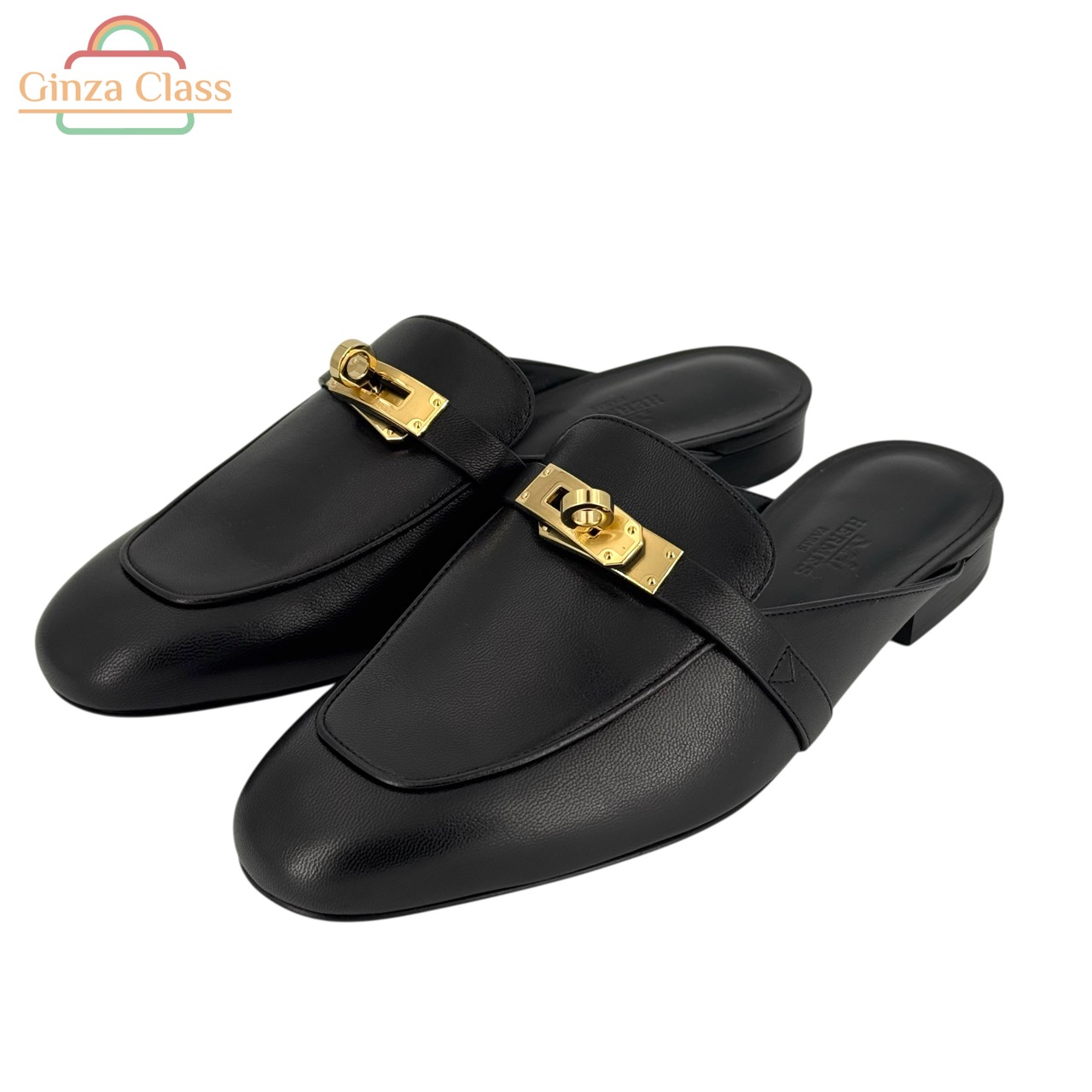 HERMES メルメス ミュール オズ シェーブル ＃38 ブラック H221081Z 02340 ゴールド金具 ケリー バックル レザー レディース シューズ サンダル スリッパ ケリー金具 JPサイズ23/23.5