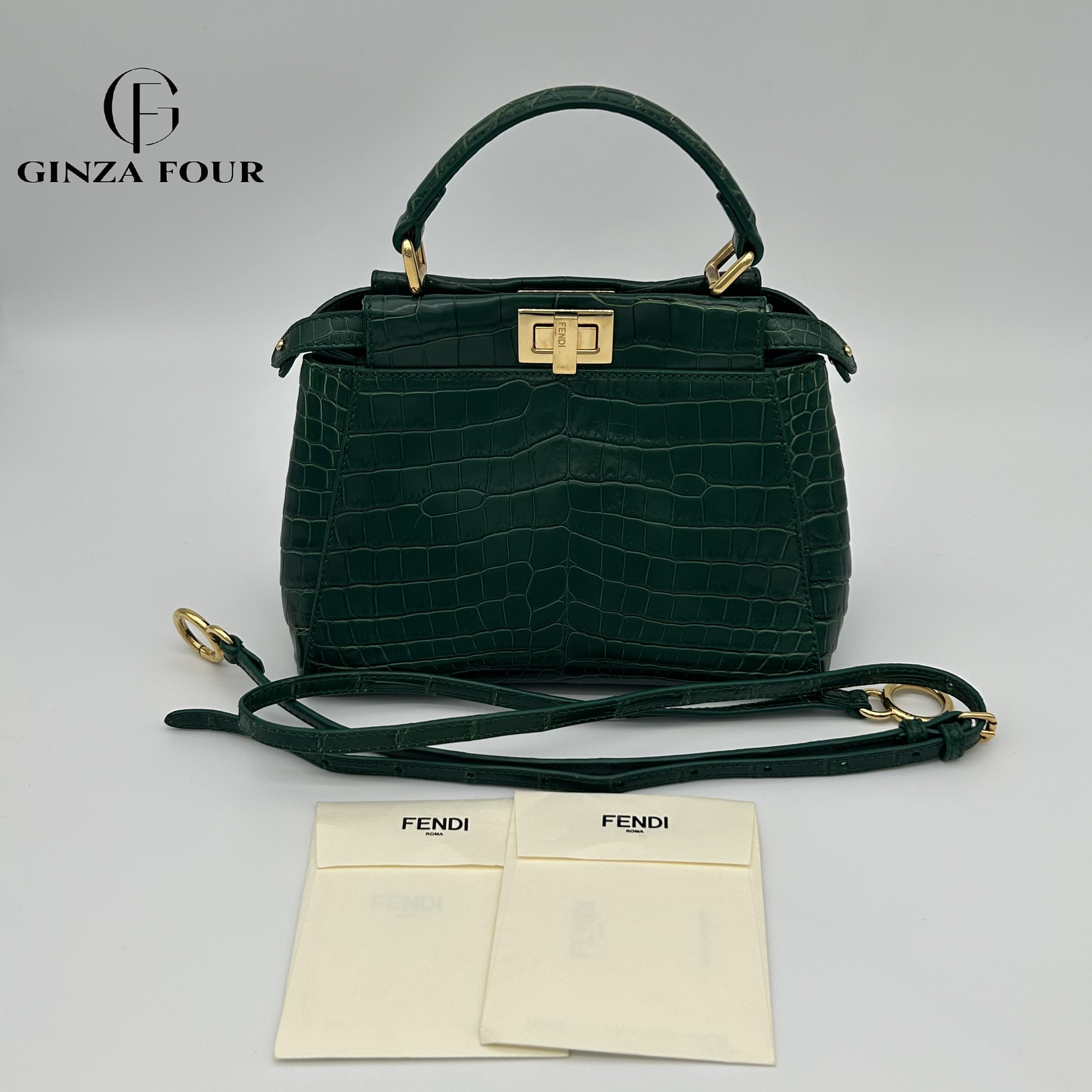 【中古】【送料無料】FENDI(フェンディ)グリーン ピーカブー 2WAY ショルダーバッグ ハンドバッグ エキゾチックレザー クロコマット クロコダイル ゴールド金具|GINZA FOUR VINTAGE