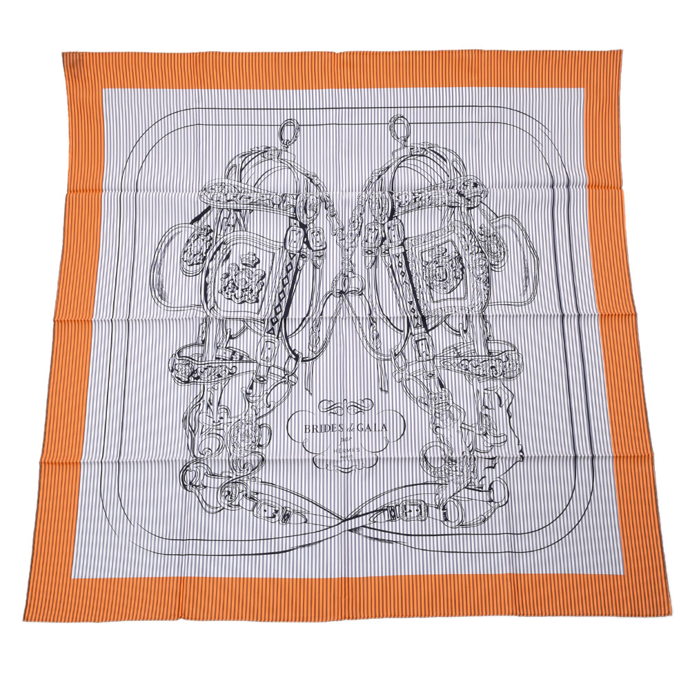 円 最安値挑戦 銀蔵 中古 Hermes エルメス カレ90 ストライプ Brides De Gala 式典用馬勒 オレンジ シルク100 スカーフ